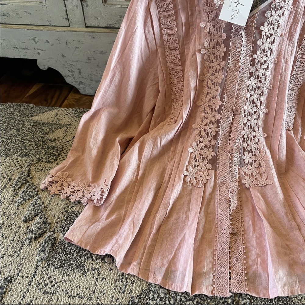 New Feminine Pink Lace Button Front Blouse Top Feminine 3/4 Sleeve Shirt Western - Picture 6 of 9